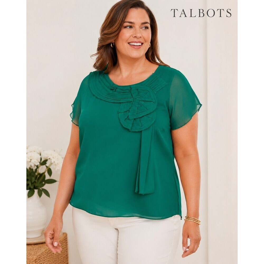 Talbots Womens 20p Green Pure Silk Blouse Short Sleeve Flower Applique Classic